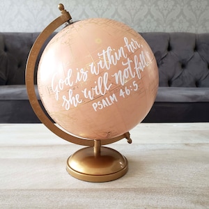 Custom Calligraphy Globe Guest Book, Class of 2025 Graduation Gift for Her, Bible Verse Nursery Decor, God is within her, Blush Pink Globe