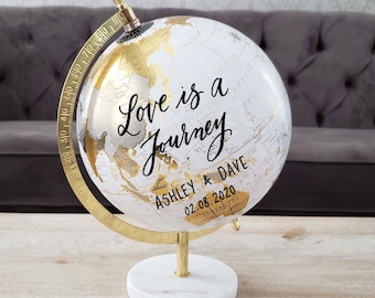 Goud-witte wereldbol-gastenboek met marmeren basis, alternatief bruiloftsgastenboek, gepersonaliseerde wereldbol, signeerbol, kantoordecor voor haar