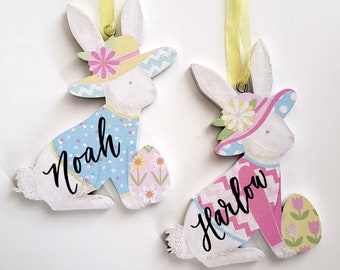 Wood Easter Basket Tag,  Easter Bunny Tag, Easter Ornament Personalized, Rabbit Name Tag Gift, Hand Lettered choice of Pink or Blue Bunnie