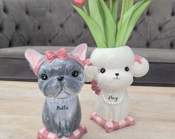 Personalized Ceramic Dog Flower Vases: Bichon Frise or Frenchie