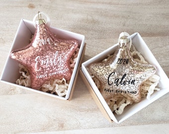 Baby's First Christmas Ornament gift with personalized calligraphy,  Rose Gold Star Ornament - One (Rose Gold, Glass, 4 inch)