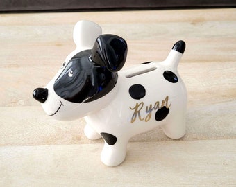 Personalized Dog Money Bank Gift, Ceramic Black & White Puppy piggy bank, Hand lettered name, Birthday Gift