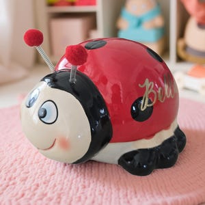 Personalized Ceramic Lady Bug Piggy Bank: Child's coin bank personalized gift