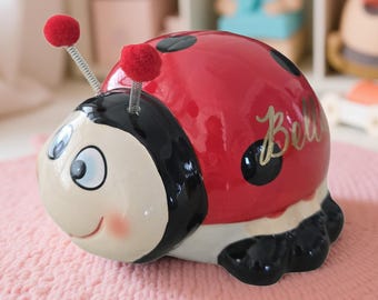 Personalized Ceramic Lady Bug Piggy Bank: Child's coin bank personalized gift
