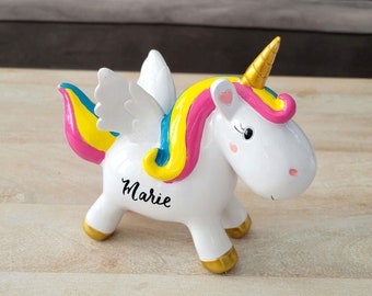 Personalized Unicorn Money Bank Gift, Ceramic rainbow Unicorn piggy bank, Hand lettered name, Birthday Gift for Girl