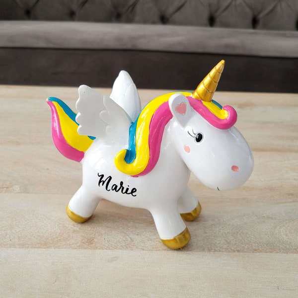 Personalized Unicorn Money Bank Gift, Ceramic rainbow Unicorn piggy bank, Hand lettered name, Birthday Gift for Girl