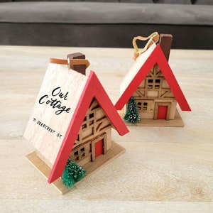 Personalized Wood Cottage Christmas Ornament, House Ornament, Our First Cottage Gift, Ski Chalet, Christmas in the Woods A Frame Cabin