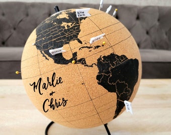 Personalized Push Pin Globe, Black Cork World Map with Flags, Retirement or Wedding Gift, Mark your Travels, Vacation Tracker