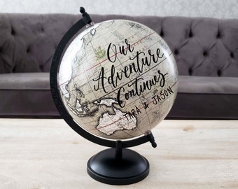 8" Personalized Wedding Guest Book Globe: Hand Lettered Quote, Grey Blue World Globe
