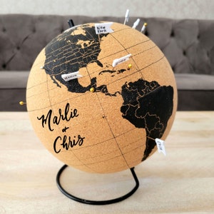 Personalized Push Pin Globe, Black Cork World Map with Flags, Retirement or Wedding Gift, Mark your Travels, Vacation Tracker