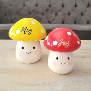 Personalized Ceramic Mushroom Piggy Bank Gift, Hand lettered Name Red or Yellow Smiley Toadstool Money Bank, Woodland Decor