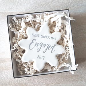 Engagement gift, First Christmas Engaged Ornament gift with calligraphy One Porcelain, snowflake ornament, we're engaged, newlywed image 1