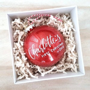 Baby's First Christmas Ornament Personalized gift with calligraphy, Red Christmas Tree Decoration, Red Glitter Plastic Bauble 4" Ball