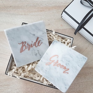 MARBLE COASTERS for Bride and Groom - Handlettered, calligraphy coaster, Set of 2