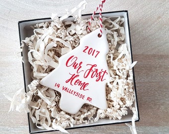 Personalized FIRST HOME CHRISTMAS Ornament gift with calligraphy - One (Porcelain, tree)