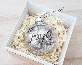 Personalized established NEWLYWED CHRISTMAS ORNAMENT gift with calligraphy - One (Silver, 4inch)