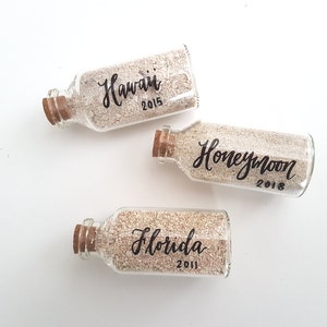 Honeymoon Sand Bottle Jar Keepsake, Honeymoon Gifts, Travel Gift, Sand memory Cork Vial, Vacation Sand Jar Personalized, Glass - One