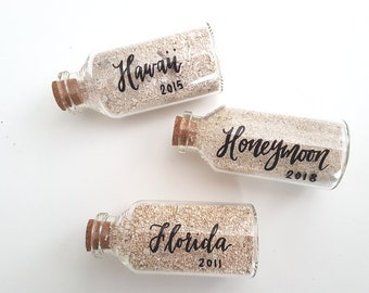 Honeymoon Sand Bottle Jar Keepsake, Honeymoon Gifts, Travel Gift, Sand memory Cork Vial, Vacation Sand Jar Personalized, Glass - One