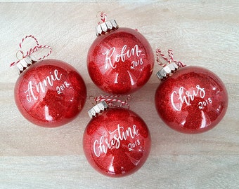 Christmas Ornament personalized Red Glitter, Hand Lettered ornament gift, name ornament, custom ornament  - One (name, plastic, 3.15" ball)