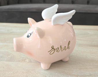 Personalized Pink Piggy Bank: Ceramic Flying Pig Money Bank, Nursery Decor