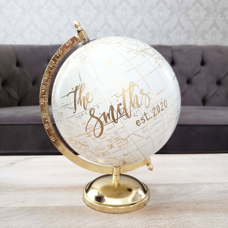 8 Globe Guest Book Alternative for Wedding, Signing Globe, Our Adventure Begins, Custom Calligraphy Gold World Globe, Office Decor image 3