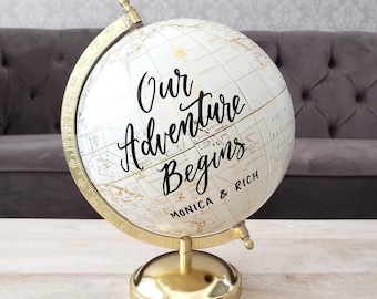 8" Globe Guest Book Alternative for Wedding, Signing Globe, Our Adventure Begins, Custom Calligraphy Gold World Globe, Office Decor