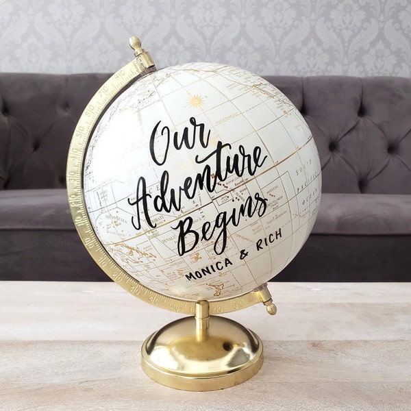 8" Globe Guest Book Alternative for Wedding, Signing Globe, Our Adventure Begins, Custom Calligraphy Gold World Globe, Office Decor