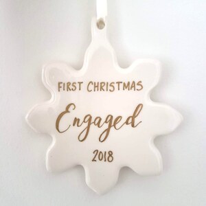 Engagement gift, First Christmas Engaged Ornament gift with calligraphy One Porcelain, snowflake ornament, we're engaged, newlywed image 3