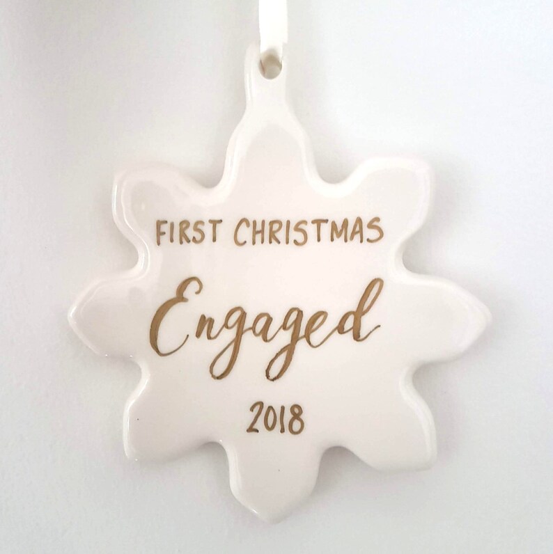 Engagement gift, First Christmas Engaged Ornament gift with calligraphy One Porcelain, snowflake ornament, we're engaged, newlywed image 3