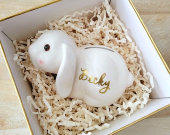 Personalized Bunny Money Box, Ceramic Rabbit piggy bank gift for kids, Easter Gift for Girl