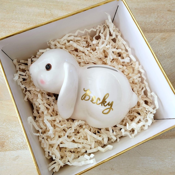 Personalized Bunny Money Box, Ceramic Rabbit piggy bank gift for kids, Easter Gift for Girl