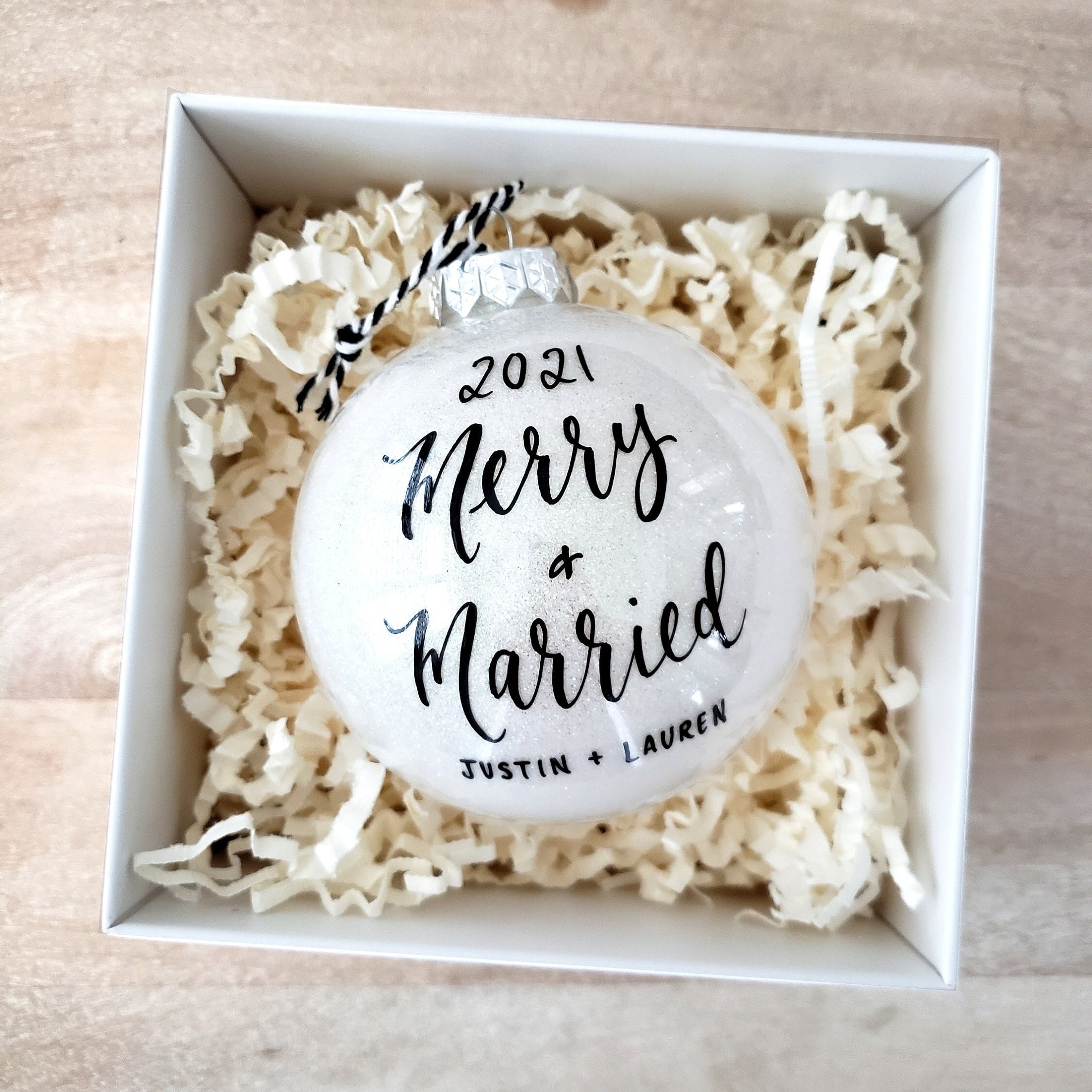 Personalized Merry and Married Ornament: Plastic White Glitter Newlywed Gift (4")