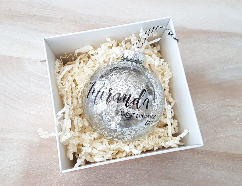 Personalized BABY'S FIRST CHRISTMAS Ornament gift with calligraphy - One (Silver, 4 inch) 