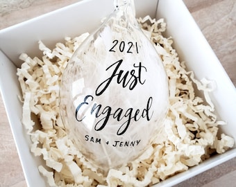 Engagement Gift Christmas Ornament, White Feather Clear Glass Bauble, Just Married Newlywed Personalized Gift, Hand Lettered