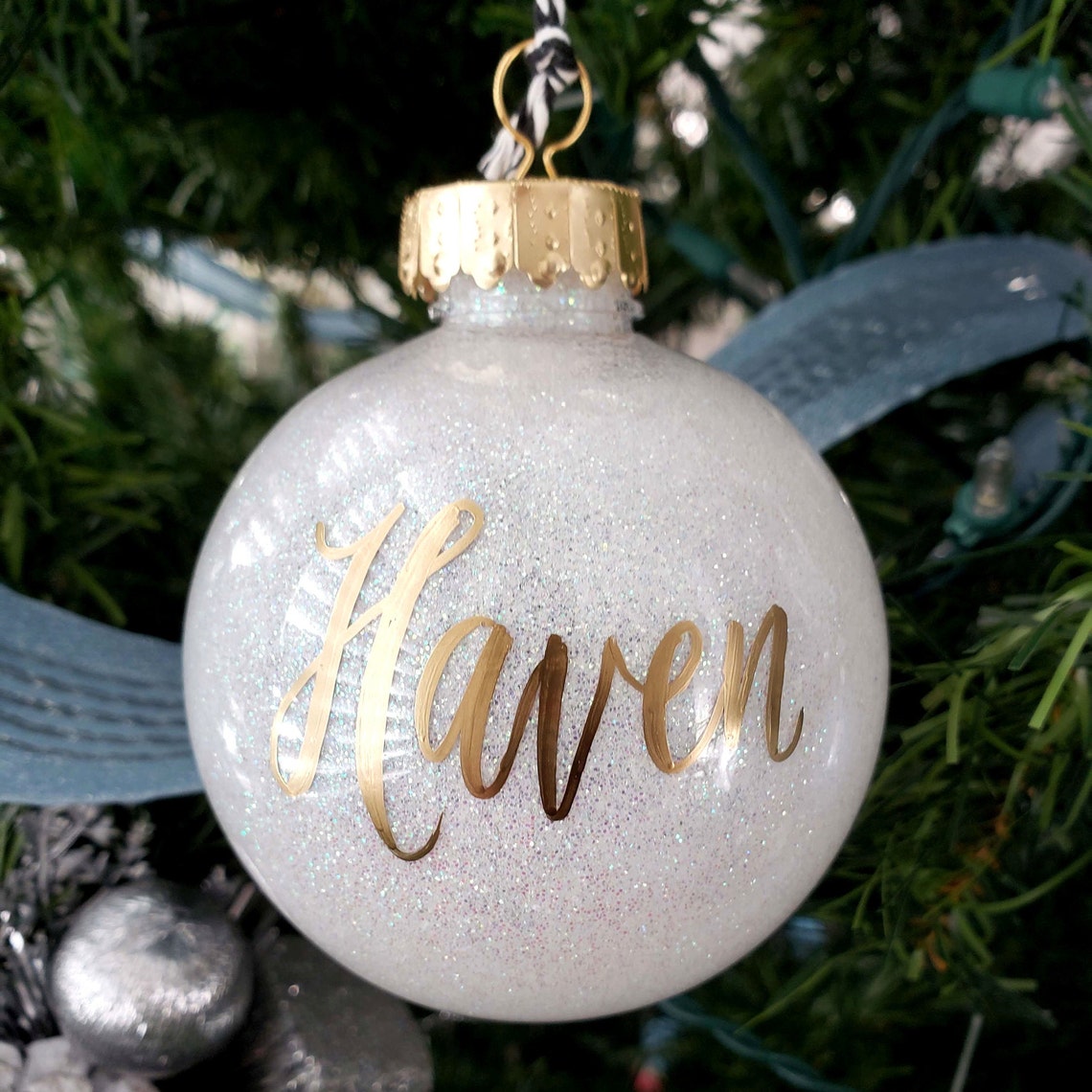 Personalized Name Christmas Ornament White Glitter Ornament Etsy