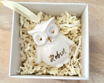 Personalized Owl Christmas Ornament:  Ceramic Woodland Holiday Decor