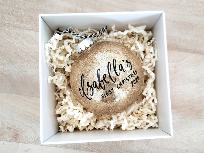 Baby's First Christmas Bauble Ornament Personalized, baby shower gift, custom calligraphy ornament - One (Gold glitter 4' ornament, Plastic) 