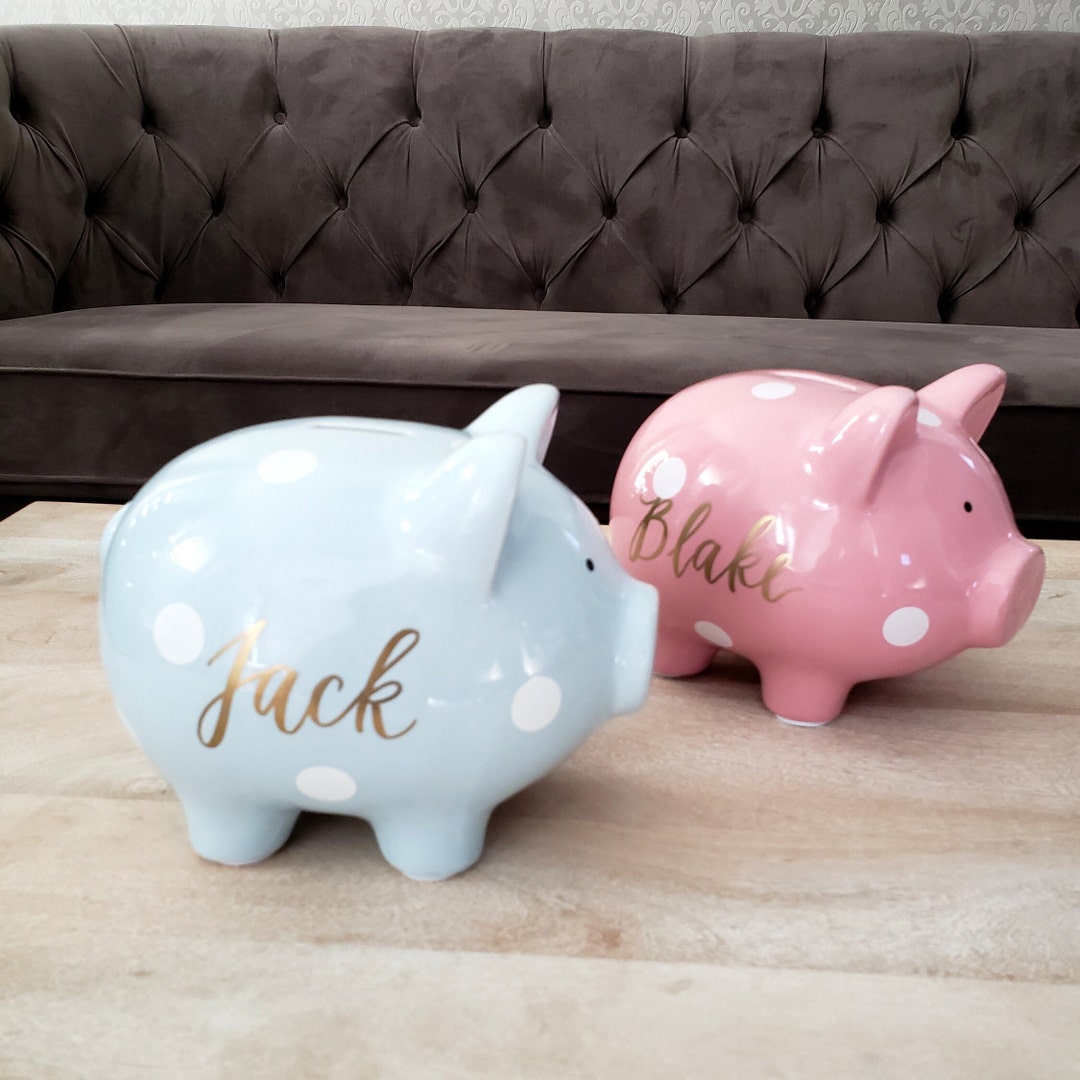 Personalized Polka Dot Piggy Bank Gift for Baby, Pink Piggy Bank for