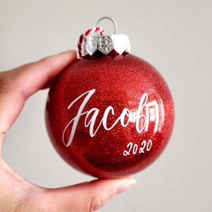 Christmas Ornament Personalized Red Glitter, Hand Lettered Ornament ...