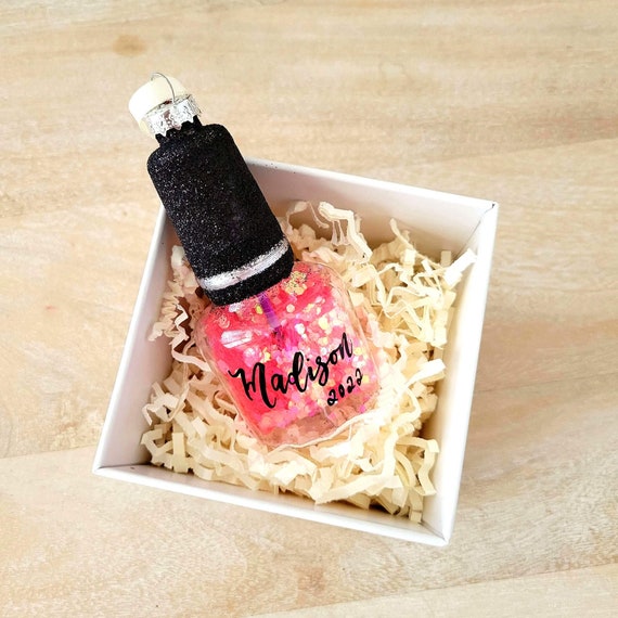 Personalized Nail Polish Ornament: Pink Glitter Glass Ornament Gift