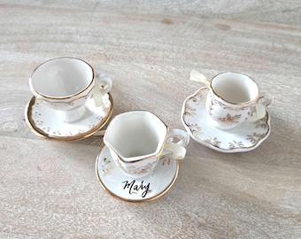 Personalized Teacup Christmas Ornament, Tea Lover Gift, Gold Tea Cup & Saucer Ornament, Hand Lettered Gift, Grandma Ornament, Mom Ornament