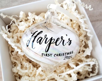 Iridescent Glass Baby's First Christmas Ornament, White Feather Bauble, Baby Shower Gift, 2024 New Baby Personalized Gift, Hand Lettered