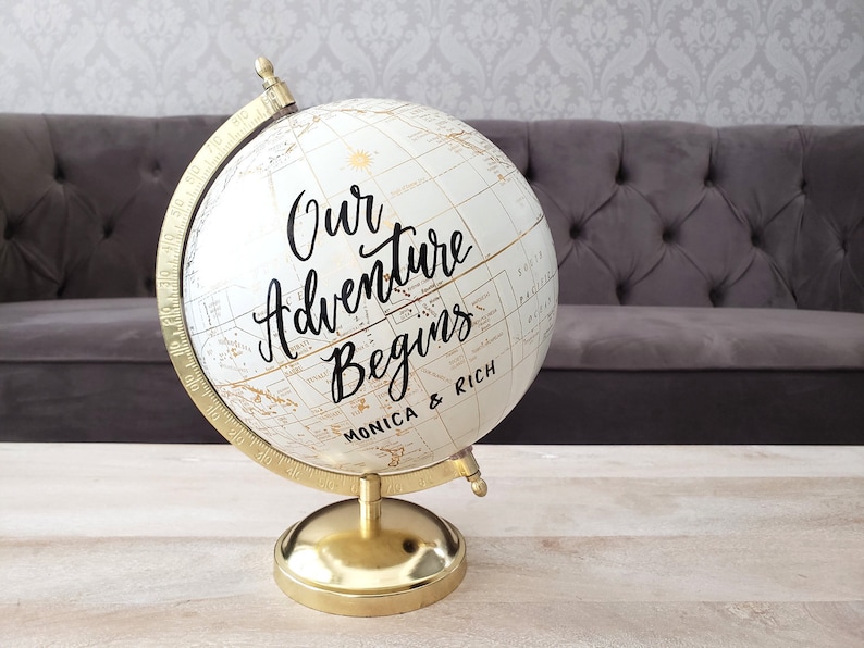 8 Gold Wedding Guestbook Globe, Wedding Globe, Personalized Calligraphy Globe, Gold Globe Guest book alternative, Destination Wedding Decor image 2