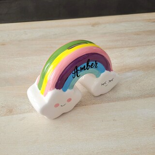 Salvadanaio In Ceramica Personalizzato Con Nome E Data - Arcobaleno E Farfalla - Regalo Nascita, Battesimo O Compleanno (Blu)