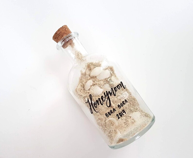 Large HONEYMOON SAND JAR, Sand memory bottle, Vacation Sand Jar, Personalized Sand Bottle, Glass One, Large image 1