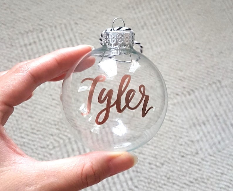 Christmas Ornament Personalized, Clear glass name bauble with Hand Lettered Calligraphy One 2.5 inch, glass or plastic ornament, ball image 2