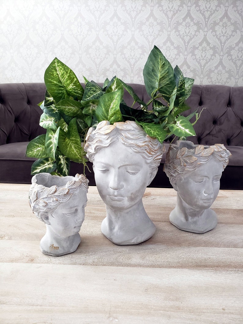 Greek Goddess Head Planter Personalized for Mother's Day Gift, Woman Bust Face Planter, Outdoor Cement Head Statue, Flower Crown Head Pot image 1