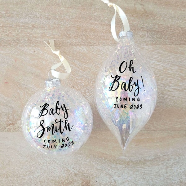 Christmas Pregnancy Announcement Ornament, Personalized Gift for Grandma and Grandpa, Oh Baby Due 2024, Hand Lettered Glitter Glass Ornament