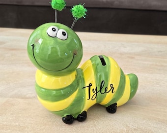 Personalized Caterpillar Piggy Bank Gift: Green Ceramic Nursery Decor