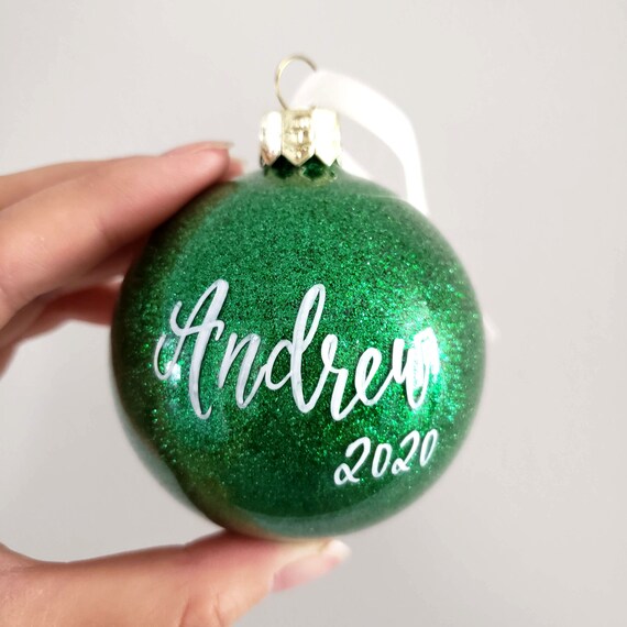 Glass Green and Glitter Accented Christmas Ornament 